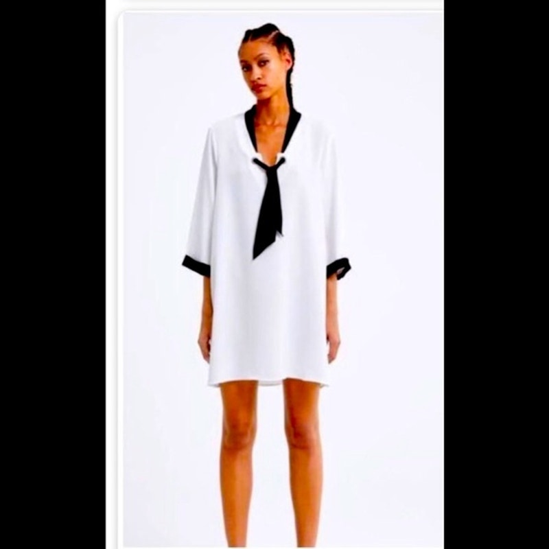 Nwt Zara White Tunic Dress With Black Scarf Tie